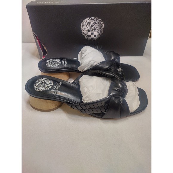 Vince Camuto Shoes - Vince Camuto Leana Black Leather Knotted Slide Sandals Wood Round Heel 5.5M